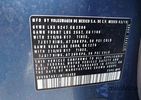 2018 Volkswagen Tiguan 2.0T Se/2.0T Sel z USA, uszkodzony, nr VIN 3VV3B7AX1JM115458